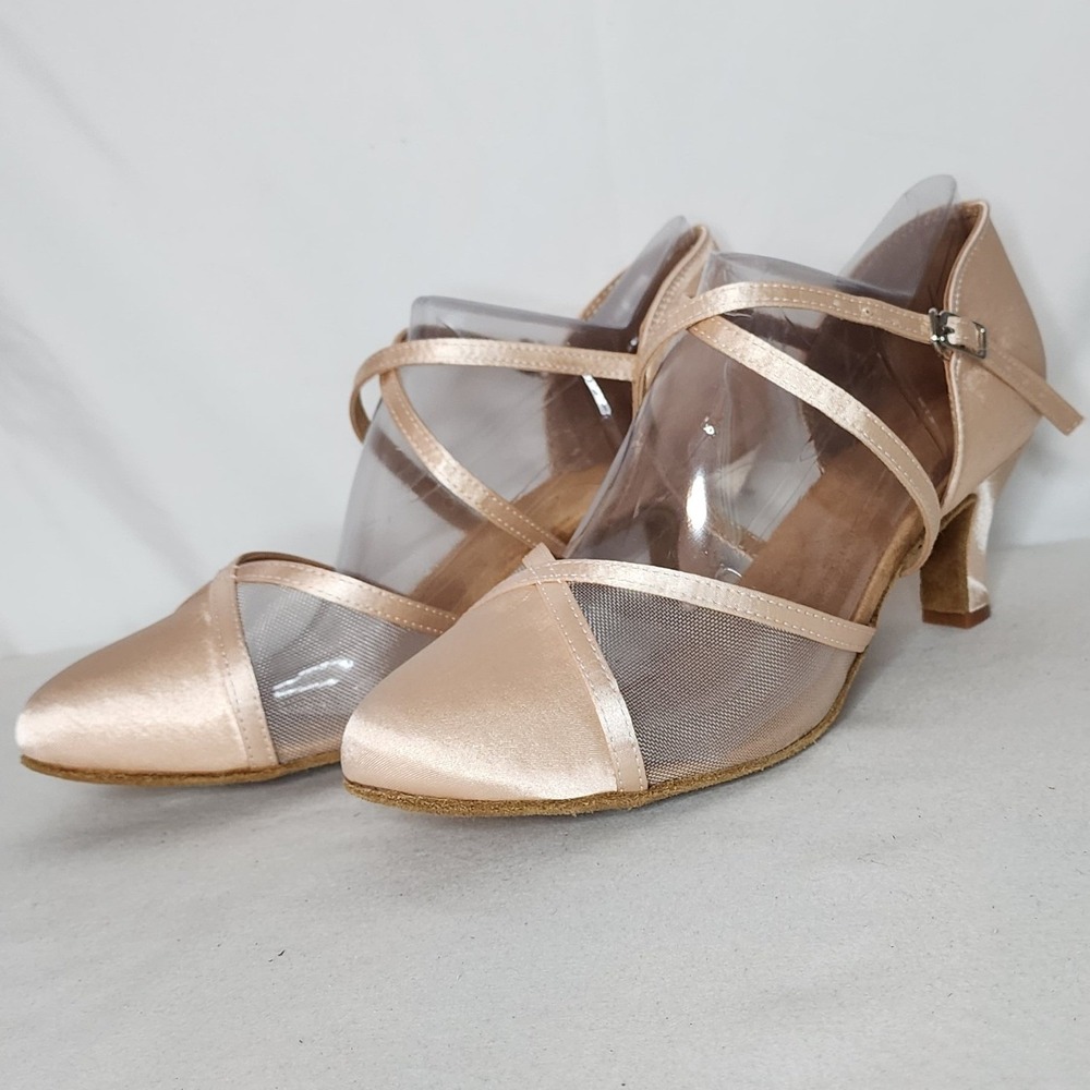 Champagne Satin Mesh Ballroom Dance Shoes Womens 9 Cross Strap Salsa Latin Heel